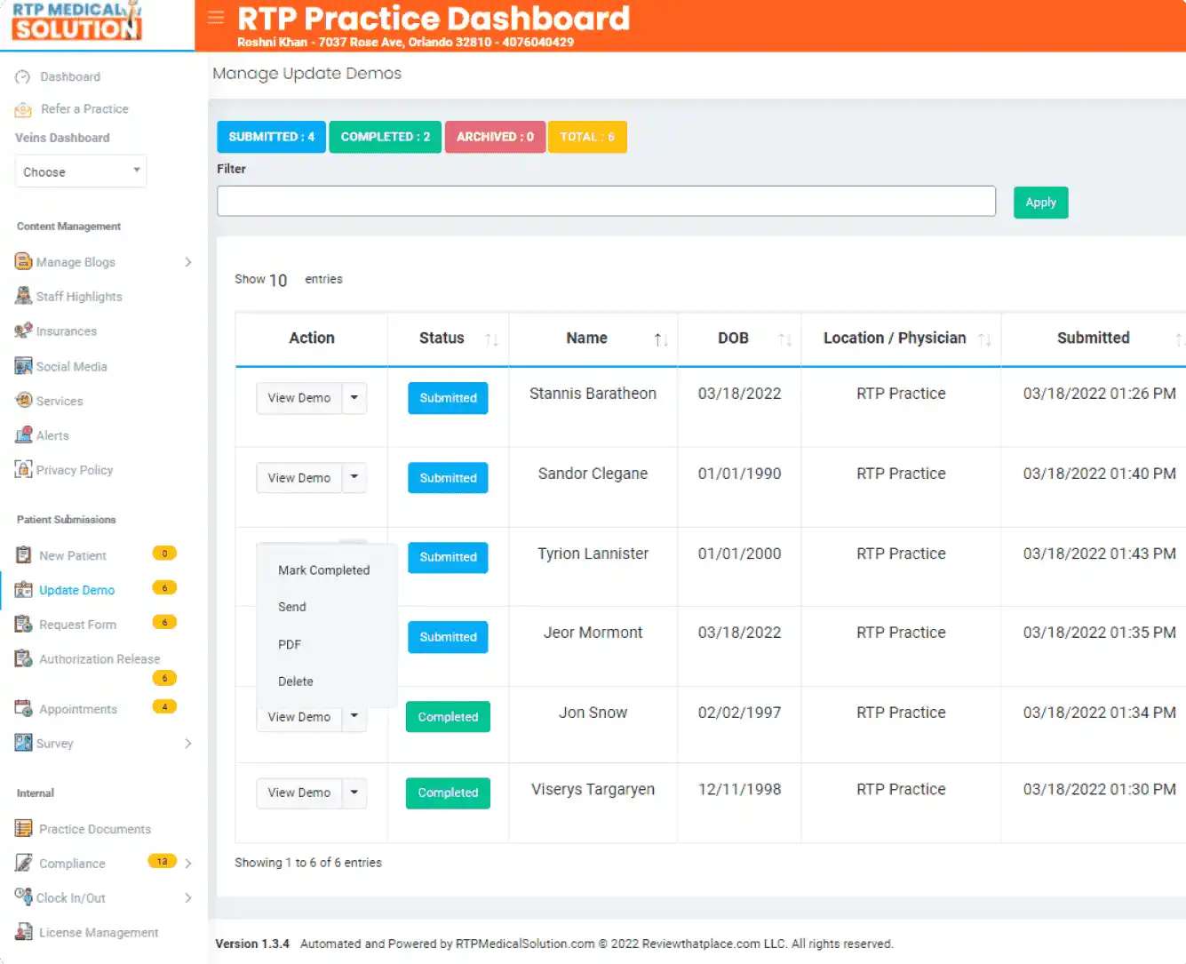 RTP Practice Management Software Solution Dashboard